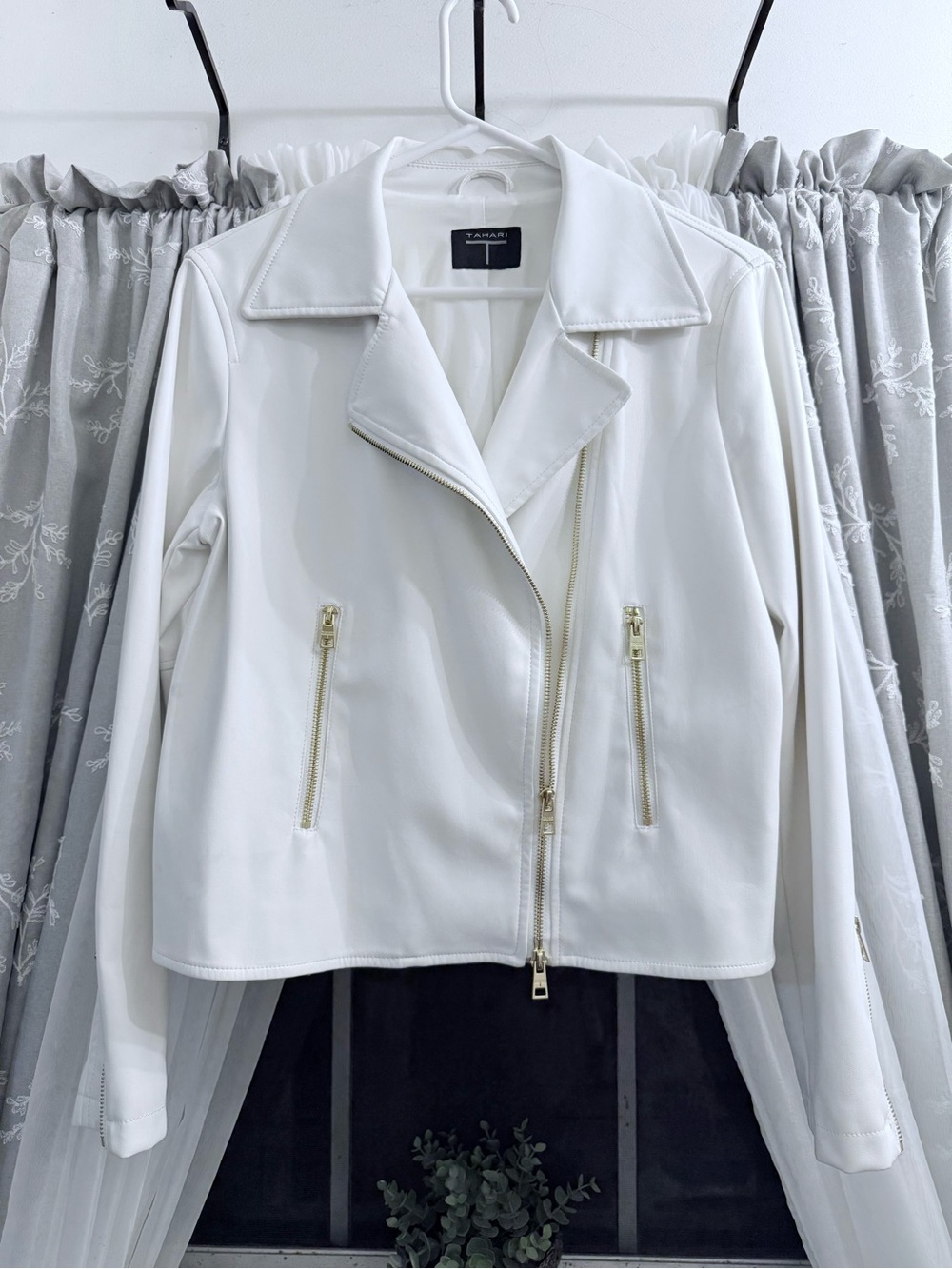 Tahari White Faux Leather Moto Jacket with Gold Zippers